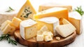Various types of cheese cubes arranged on a wooden board, showcasing different textures and colors Royalty Free Stock Photo