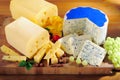 Various types of cheese on cutting board Royalty Free Stock Photo