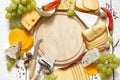 Various types of cheese with empty space background