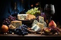 Various types of cheese, grapes and snacks on dark background