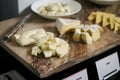 Various types of cheese on Hotel restaurant table. Buffet catering service Royalty Free Stock Photo