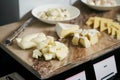 Various types of cheese on Hotel restaurant table. Buffet catering service Royalty Free Stock Photo