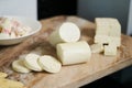 Various types of cheese on Hotel restaurant table. Buffet catering service Royalty Free Stock Photo