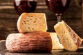 Various types of cheese and red wine. Food recipe background. Close up Royalty Free Stock Photo