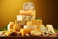 Various types of cheese on a wooden surface. Generated by artificial intelligence