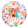 Various types of clothes and accessories for girls vetor illustration. Cartoon female characters with woman stuff