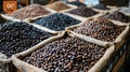 Various types of coffee beans in burlap sacks Royalty Free Stock Photo
