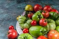 Various types, colors and shapes of tomatoes on a silver plate Royalty Free Stock Photo