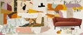 Various types of cushioned furniture in Scandinavian style - couch, armchair, chair, ottoman. Modern style sofas and arm Royalty Free Stock Photo