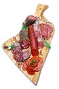 Various types of Dried organic salami sausage on wooden cutting board Royalty Free Stock Photo