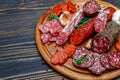 Various types of Dried organic salami sausage on wooden cutting board Royalty Free Stock Photo