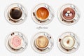 Various types of drinks, hot drinks, latte, cappuccino, espresso top view