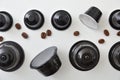 Various types of espresso coffee capsules in a row top Royalty Free Stock Photo