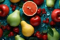 Various types of fruit on the table look fresh and ice refreshing, such as oranges, pears, and Apple, berries by Generative AI