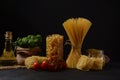 Various types of Italian pasta. Italian food ingredients for pasta Royalty Free Stock Photo