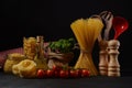 Various types of Italian pasta. Italian food ingredients for pasta Royalty Free Stock Photo