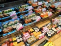 Various types of Japanese sushi ready in packs are on display for sale. Royalty Free Stock Photo