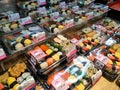 Various types of Japanese sushi ready in packs are on display for sale. Royalty Free Stock Photo