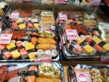 Various types of Japanese sushi ready in packs are on display for sale. Royalty Free Stock Photo