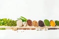 Various types of legumes on white background. Healthy food concept