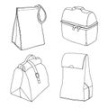 Lunch boxes with zipper, strap, locker, eco bag, paper bag. Hand drawn line art sketch Royalty Free Stock Photo