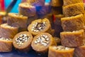 Various types or many colorful assortment of Turkish delights rolls for sale