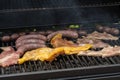 Various types of meat, chicken, sausages, blood sausage, lamb on a crbon grill in the garden