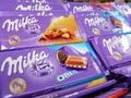 Various types of Milka chocolate on sale in the supermarket