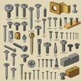Various types of nails and screws are illustrated in a labeled chart, displaying a range Royalty Free Stock Photo