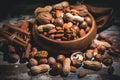 Various types of nuts and cinnamon sticks in a wooden bowl on a dark background. Low key lighting Royalty Free Stock Photo