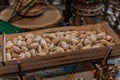 Various types of nuts on the festive table. Beer snacks Royalty Free Stock Photo