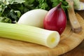 Various types of onions (leeks, red and white) Royalty Free Stock Photo