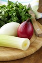 Various types of onions (leeks, red and white) Royalty Free Stock Photo