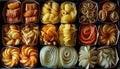 Various types of pasta displayed in a lineup of ingredients for delicious dishes Royalty Free Stock Photo