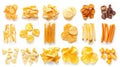 Various types of potato chips and snacks, flat lay on white background. Culinary and snack food concept Royalty Free Stock Photo