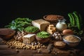 various types of proteins, nuts, vegetables, and cheeses on a table. abundant and diverse food options.