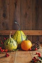 Various types of pumpkin on a wooden table Royalty Free Stock Photo