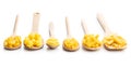 Various types of raw italian pasta  in wooden spoons Royalty Free Stock Photo