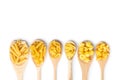 Various types of raw italian pasta  in wooden spoons Royalty Free Stock Photo