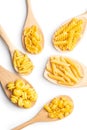 Various types of raw italian pasta  in wooden spoons Royalty Free Stock Photo