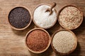 Various types of rice : white, brown, mix grain, black rice and red in a bowls, top view Royalty Free Stock Photo