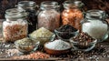 Various types of salt and pepper are displayed in glass jars and small bowls on a rustic wooden surface. Generative AI Royalty Free Stock Photo
