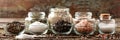 Various types of salt and pepper in glass jars and bowls arranged on a rustic wooden surface. Generative AI Royalty Free Stock Photo