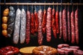 Various types of sausages hanging from a rack. Dried sausage of various varieties. Variety of meat products. Home production Royalty Free Stock Photo