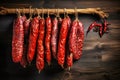 Various types of sausages hanging from a rack. Dried sausage of various varieties. Variety of meat products. Home production