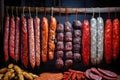 Various types of sausages hanging from a rack. Dried sausage of various varieties. Variety of meat products. Home production