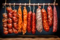 Various types of sausages hanging from a rack. Dried sausage of various varieties. Variety of meat products. Home production