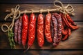 Various types of sausages hanging from a rack. Dried sausage of various varieties. Variety of meat products. Home production Royalty Free Stock Photo