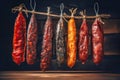 Various types of sausages hanging from a rack. Dried sausage of various varieties. Variety of meat products. Home production