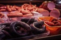 Various types of sausages in the one shop window Royalty Free Stock Photo